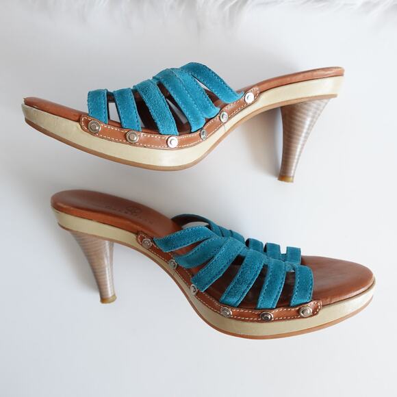 Clarks Y2K Clio Teal Blue Suede Slip-on Tan Leather Wooden High Heels - Picture 12 of 13